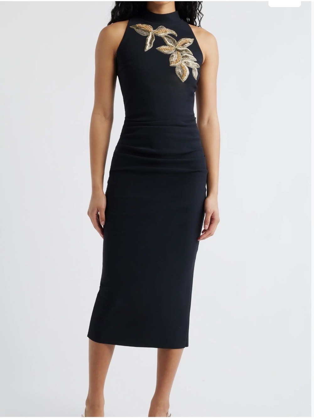 new Chiara Boni Nimby Beaded Floral Cocktail Midi Dress in black high neck